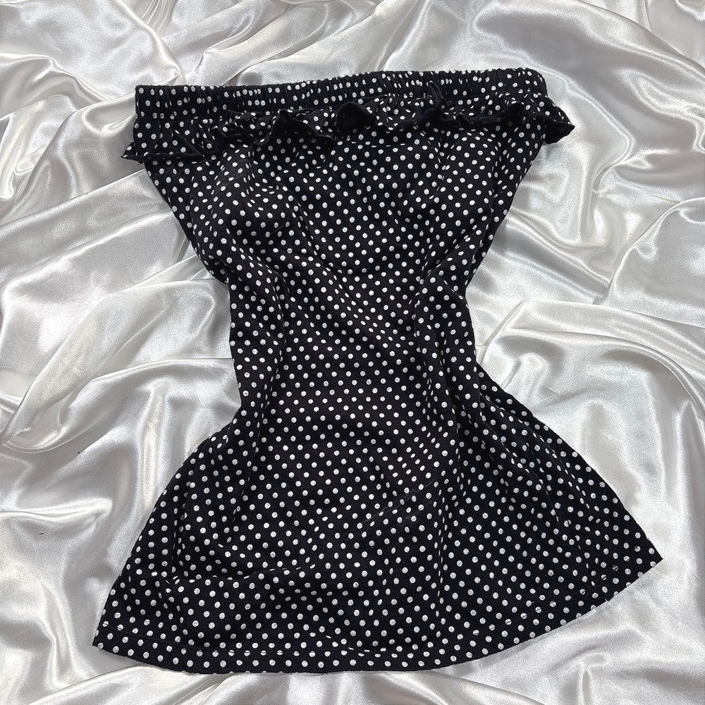 y2k Next Era Couture Tube Top Black Polka Dot Ruffle Trim Cotton S